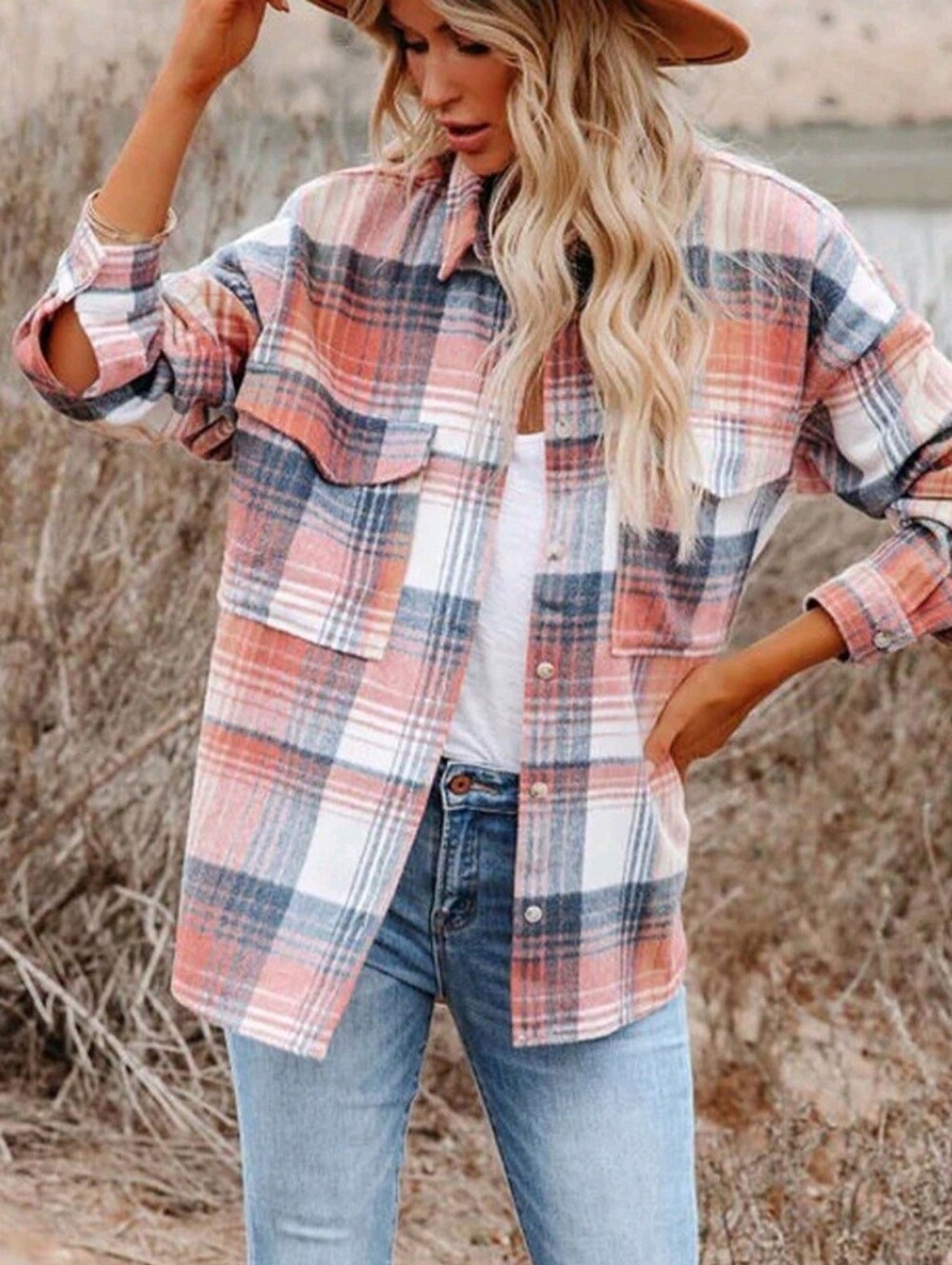 NWOT Vici Pink & Blue Plaid Button Up Shacket